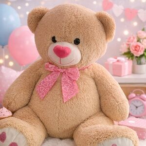 Charming Tan Teddy Bear with Pink Heart Bow